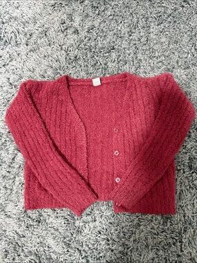 Women's Large Wine-Red Button-Front Knit Cardigan